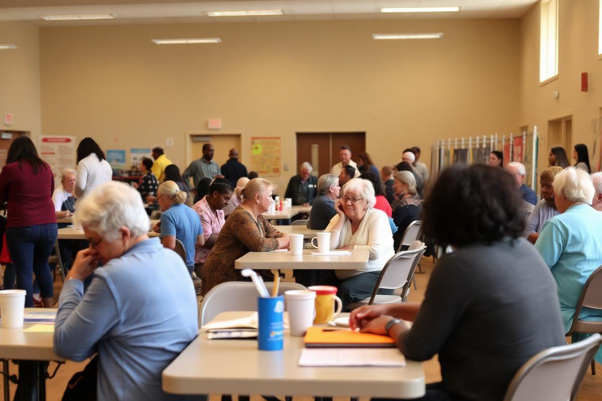Neighbors gathered at tables in a community center hall