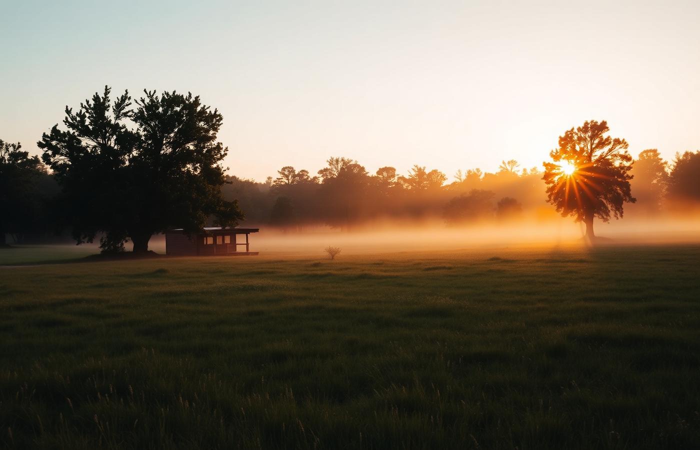 A quiet meadow with trees and a small cabin at golden hour
