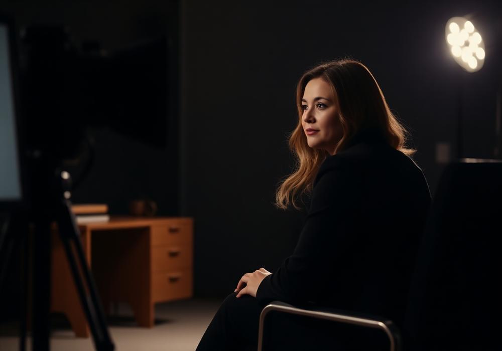 Woman seated for an interview in a softly lit dark office